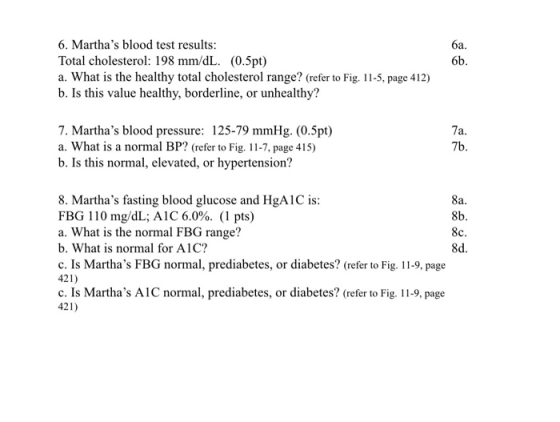 6. Marthas blood test results: Total cholesterol: 198 mm/dL. (0.5pt) a. What is the healthy total cholesterol range? (refer