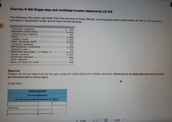 Exercise 4-14A Single-step and multistep Income statements LO 4-6 The following information was taken from the accounts of Gr