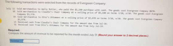 The following transactions were selected from the records of Evergreen Company July 12 Sold merchandise to Wally Butler, who