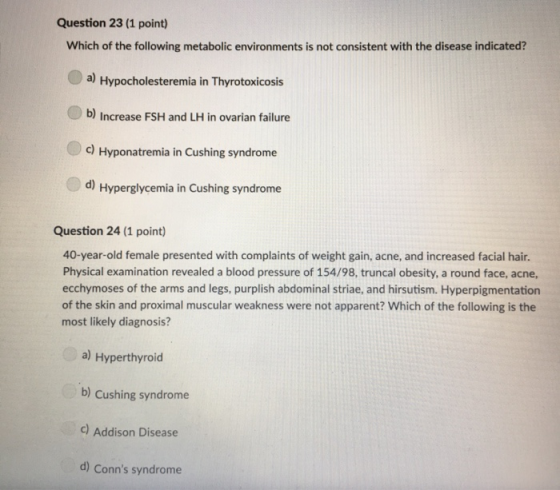Question 23 (1 point) Which of the following metabolic environments is not consistent with the disease indicated? a) Hypochol