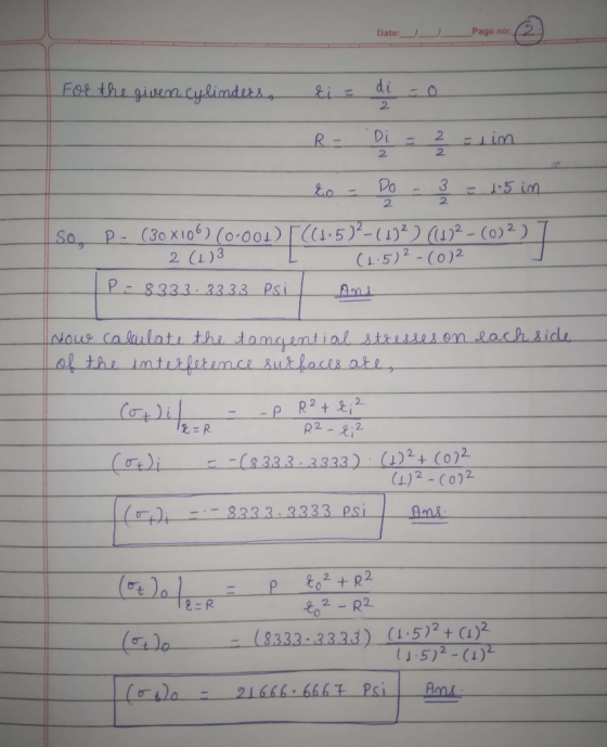 Date: __ Page no Page no: C For the given cylinders, - ti e di co R - . Di = 2 = 1 in ko - DO - 3 - 15 im so. P- (30 X106) (0
