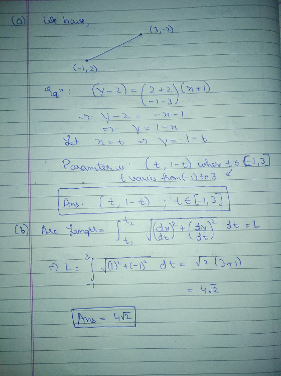 a) We have (-1,2) 2+3) 2) 2+2)(n+1) - 1-3 => Y-2 - N-1 y=1-n n = t + y = 1-t I Paranter in: (t, 1-t) where to E1, 3] t varies