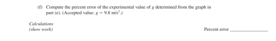 (f) Compute the percent error of the experimental value of g determined from the graph in part (e).(Accepted value: g-9.8 m/s?.) Calculations (show work) Percent error