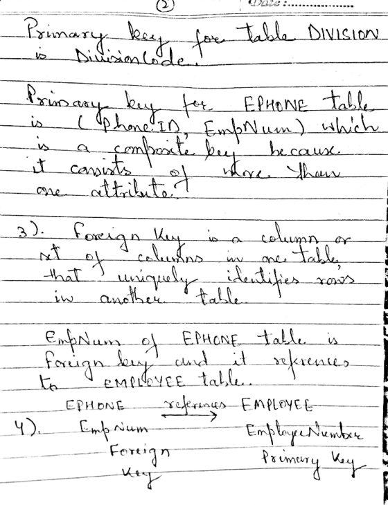 Date: Primary key for table DIVISION is Diulision code? Primary key for EPHONE table is phone. In EmbNum) which is a composit