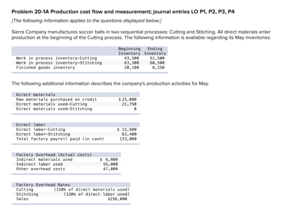Problem 20-1A Production cost flow and measurement; journal entries LO P1, P2, P3, P4 [The following information applies to t