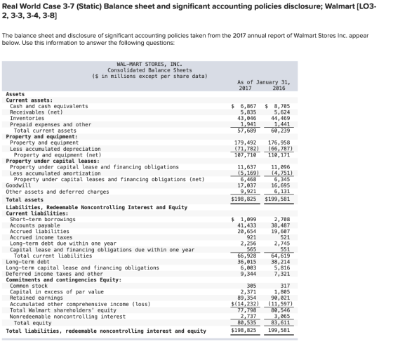 Real World Case 3-7 (Static) Balance sheet and significant accounting policies disclosure; Walmart (LO3- 2, 3-3, 3-4, 3-8] Th
