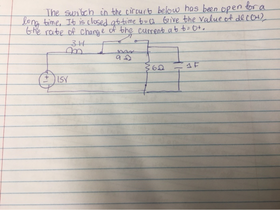 The switch in the circuit below has been open for a long time, It is closed at time t=0 Give the value of decor the rate of c