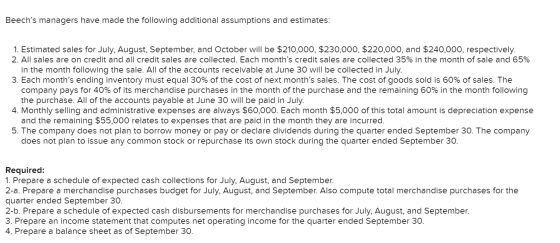 Beechs managers have made the following additional assumptions and estimates: 1. Estimated sales for July, August, September