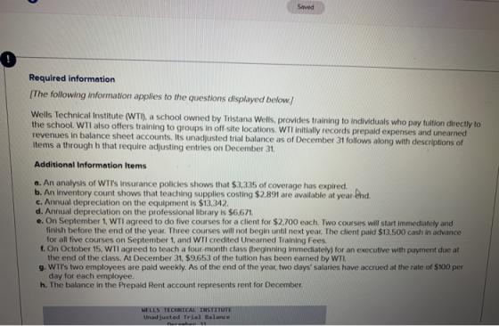 Saved Required information The following information applies to the questions displayed below.) Wells Technical Institute (WT