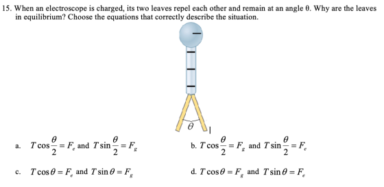 15. When an electroscope is charged, its two leaves repel each other and remain at an angle 0. Why are the leaves in equilibr