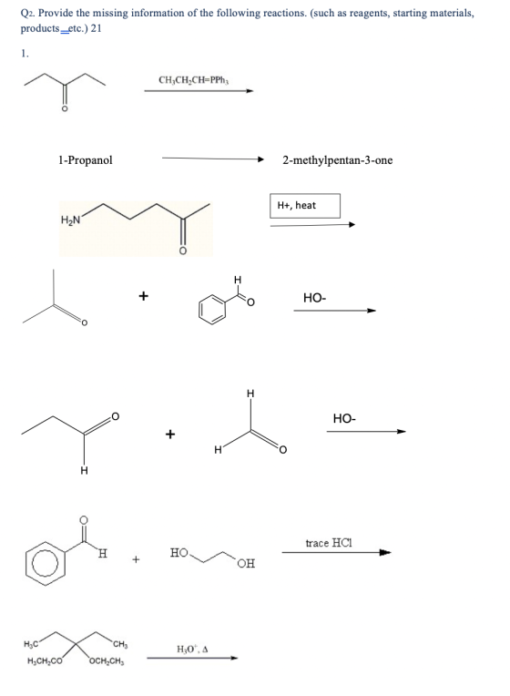 Q2. Provide the missing information of the following reactions. (such as reagents, starting materials, products_etc.) 21 1. C