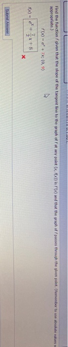 Find the function folven that the slope of the tangent line to the graph of Fat My point (x,x) is ) and that the graph off p