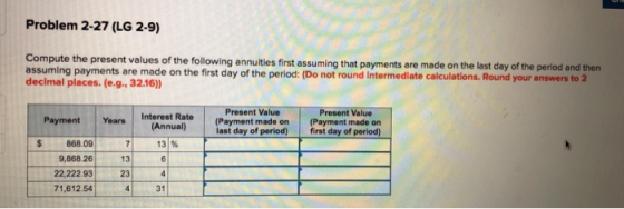 Problem 2-27 (LG 2-9) Compute the present values of the following annuities first assuming that payments are made on the last