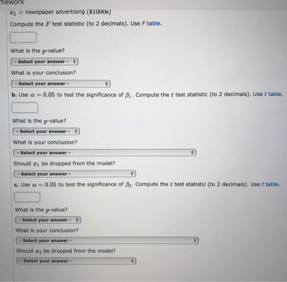 mework 22 = newspaper advertising ($1000s) Compute the F test statistic (to 2 decimals). Use F table. What is the p-value? -