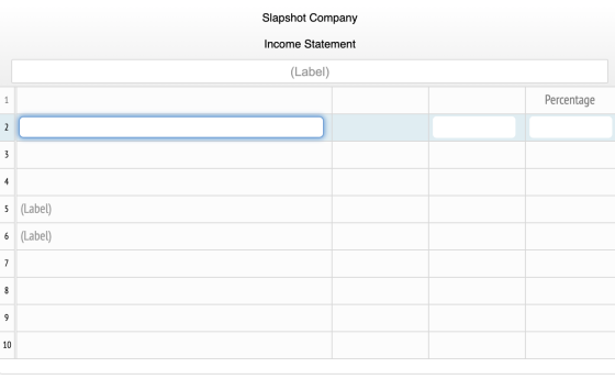 Slapshot Company Income Statement (Label) 1 Percentage 2 3 4 5 (Label) 6 (Label) 7 8 9 10