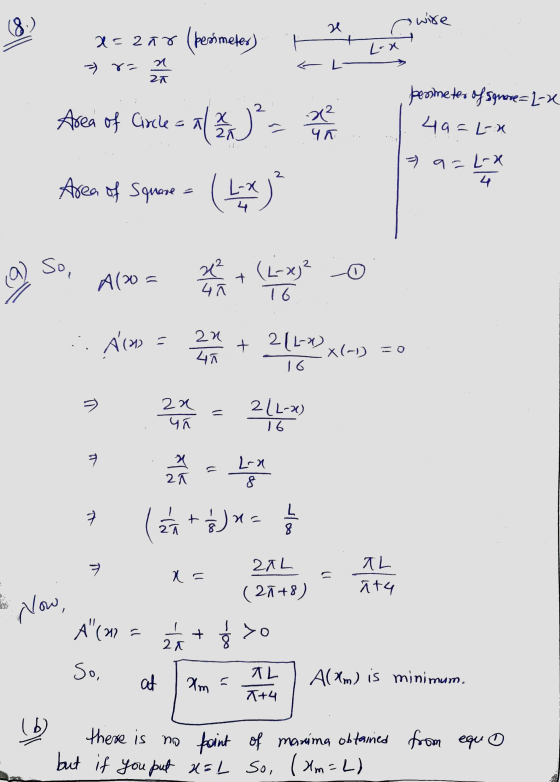 18 wire re x=2 ñr (perimeter) Lox a - r- 20 Area of Circle = alej - x² beometer of square=1-x 4a=La Чл. = 9=L-2 4 Area of squ