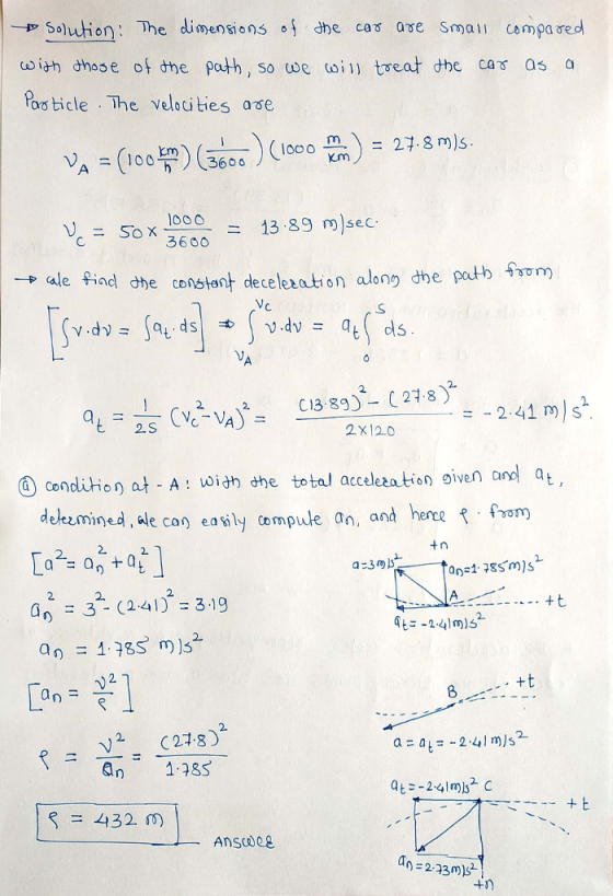 一,Solution : The dimensions ‘{ dhe cas are small compared Pos ticle . The velacities ase 1000 = 1389 m)sec. → ale find che constant deceleeation along dhe pa 4b 417m pale ad dhe CD γ.dv = Sqt, ds|ギjv.dv = qt( ds 2 41 r)s 2x120 condition at A : uoidh she total acceleza tion oiven and at detesmined, de can easily tampule a, ant hacefren foom 2. 2 2. an = 3-(2.41) = 3.19 ALF -241m)51 2. 8 2. 2 C218) an 18S a=at=-2.41 m/s2 +ヒ 432 ) Anscwee
