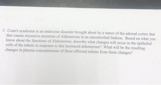 3. Conns syndrome is an endocrine disorder brought about by a tumor of the adrenal cortex that that causes excessive secretion of Aldosterone in an uncontrolled fashion. Based on what you know about the functions of Aldosterone, describe what changes will occur in the epithelial cells of the tubule in response to this increased aldosterone? What will be the resulting changes in plasma concentrations of these affected solutes from these changes?