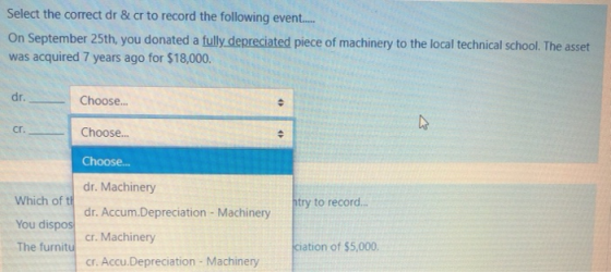 Select the correct dr & cr to record the following event... On September 25th, you donated a fully depreciated piece of machi