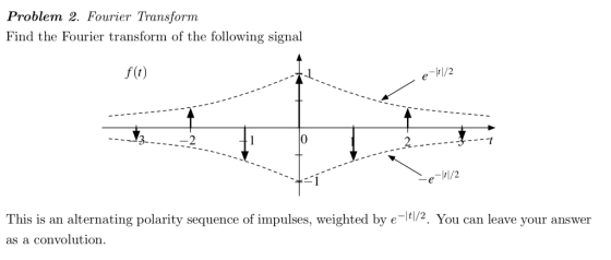 Problem 2. Fourier Transform Find the Fourier transform of the following signal fo) 3- 0 2. -r1/2 This is an alternating polarity sequence of impulses, weighted by e2. You can leave your answer as a convolution.