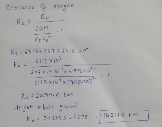 Distance of Apogee Ra= Rp 2GM Rp Vp² Rp=6378 +237=6615 km Ro= 66158103 2x6.67X 10 x5.972x1024 6615 X103 x 195 50X103)? Ra= 2