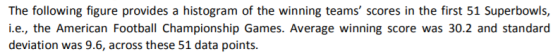 The following figure provides a histogram of the winning teams scores in the first 51 Superbowls, i.e., the American Football Championship Games. Average winning score was 30.2 and standard deviation was 9.6, across these 51 data points.