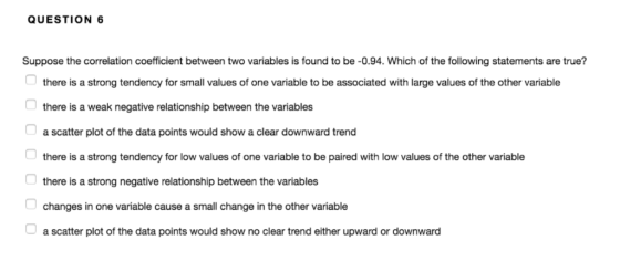 QUESTION 6 Suppose the correlation coefficient between two variables is found to be -0.94. Which of the following statements