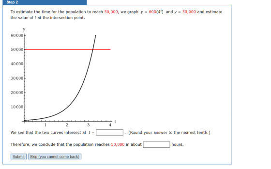 Step 2 To estimate the time for the population to reach 50,000, we graph y = 600(4t) and y = 50,000 and estimate the value of