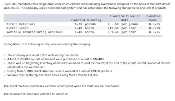 Puvo, Inc., manufactures a single product in which variable manufacturing overhead is assigned on the basis of standard direc