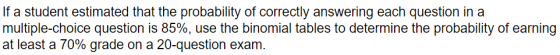If a student estimated that the probability of correctly answering each question in a multiple-choice question is 85%, use the binomial tables to determine the probability of earning at least a 70% grade on a 20-question exam.