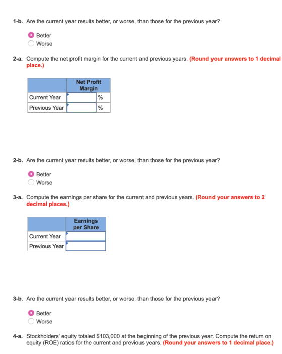 1-b. Are the current year results better, or worse, than those for the previous year? Better Worse 2-a. Compute the net profi