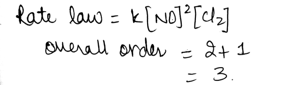 - Rate law = K[NO]²[cz] Overall order = 2+1 = 3