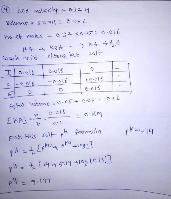 (4 kot molarity = 0.32 M volume = 50 ml = 0-052 no of moles = 032 X0-05 = 0.016 HA & KOH KA THO weak acid strong base salt I