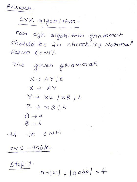Answer- Cyk algorithm - FoЯ сак аlgoы +hm qa mая should be in chomiskey Normal Form (CNF). The given grammar given gor SAYIE