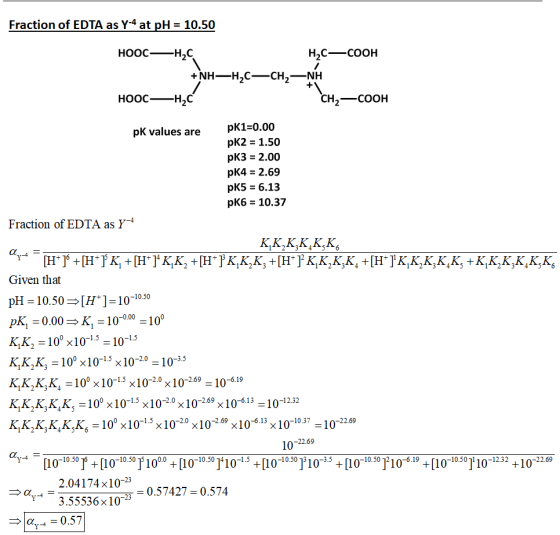 Fraction of EDTA as Y-4 at pH = 10.50 HOOC –Học H2C–COOH + NH–Học–CH,ẠNH –Học сн,— соон + V HOOC PK values are pK1=0.00 pK2 =