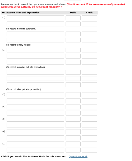 Prepare entries to record the operations summarized above. (Credit account titles are automatically indented when amount is e