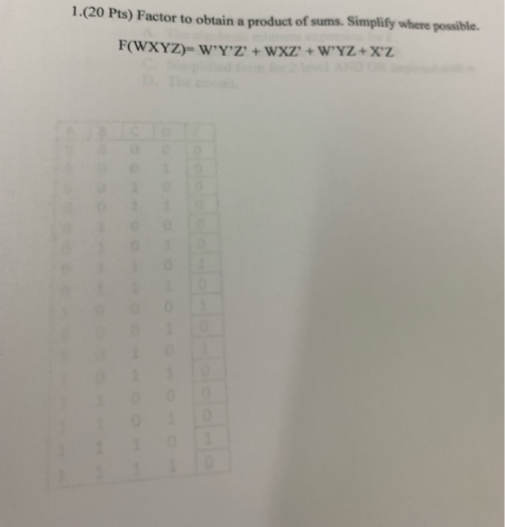 1.(20 Pts) Factor to obtain a product of sums. Simplify where possible. F(WXYZ) WYZ + WXZ + WYZ+XZ