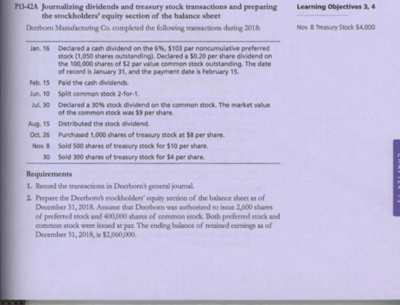 Learning Objectives 3, 4 P13-42A Journalizing dividends and treasury stock transactions and preparing the stockholders equit