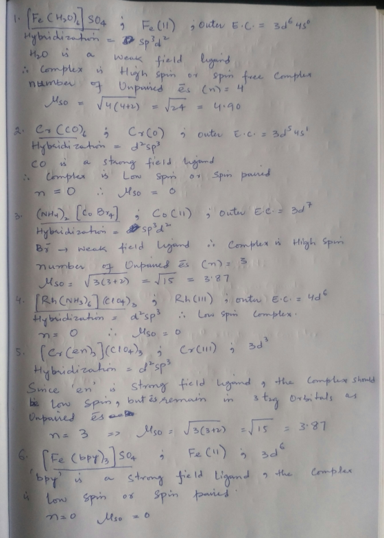 weak field ligand 1.Fe (H₂O) 504 & Fe (11) ; Outer E.C. = 3d 45° Hybridization a sp?d? H2O is a is complex is High spin or sp