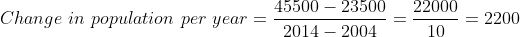 Change in population per year = 45500 - 23500 2014 – 2004 22000 -= 2200 10