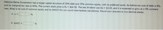 Palencia Paints Corporation has a target capital structure of 25% debt and 75% common equity, with no preferred stock. Its be