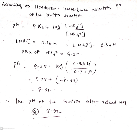 According to Henderson - Hasselbalch eanation, pH of the butter solution. pH 2 P Kat log [NH₃ ] [What Init3] • Inhat ja osum