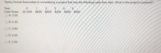 Tapley Dental Associates is considering a project that has the following cash flow data. What is the projects payback? Year Cash flows: $1,000 $400 $400 $250 $400 $500 ○ A. 3.00 0 1 2 3 45 B. 2.33 OC. 2.80 O D. 2.00 E. 2.50