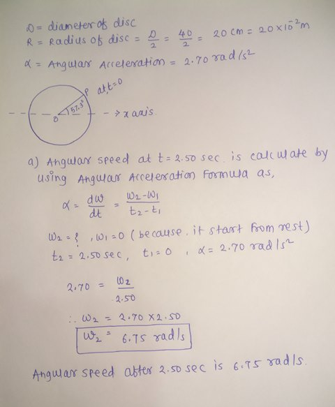 o- dianeten os disc R - Radius os disc 2 4020 Cm : 2.0 xio n t b 0 a) Angulor speed at t=2.50 sec is calculate by using Angurar Accetes ation) Formwa as, dt t2-t Wu-f , W : O ( because it start hom ,rest) 2-70-102 2-S0 u差ニ 6.TS Yad ls Anguwar sreed abtes 2 sD sec is 6 TS rad Is