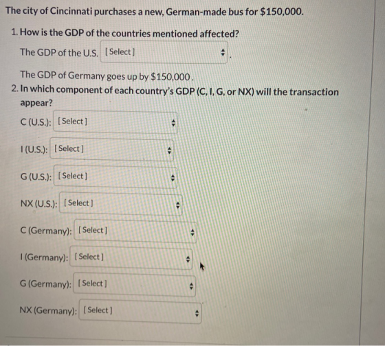 The city of Cincinnati purchases a new, German-made bus for $150,000. 1. How is the GDP of the countries mentioned affected?