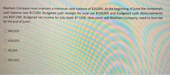 Washam Company must maintain a minimum cash balance of $25,000. At the beginning of June the companys cash balance was $17,0