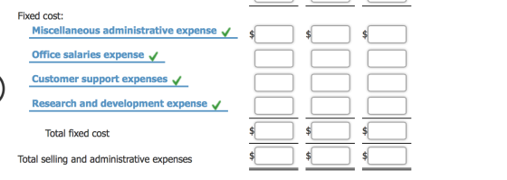 Fixed cost: Miscellaneous administrative expense $ Office salaries expense Customer support expenses Research and development