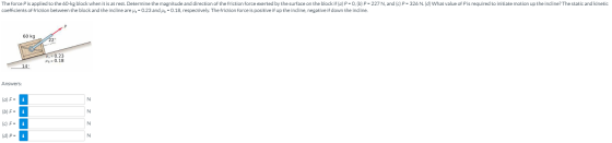 The force Pis applied to the 60-kg block when it is at rest. Determine the magnitude and direction of the friction force exer