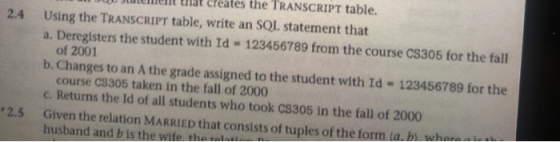 2.4 OL Jenent at creates the TRANSCRIPT table. Using the TRANSCRIPT table, write an SQL statement that a. Deregisters the stu