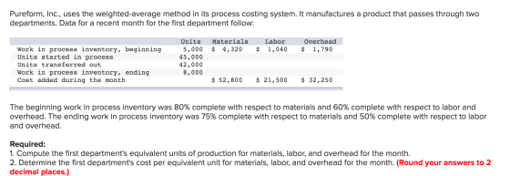 Pureform, Inc., uses the weighted average method in its process costing system. It manufactures a product that passes through